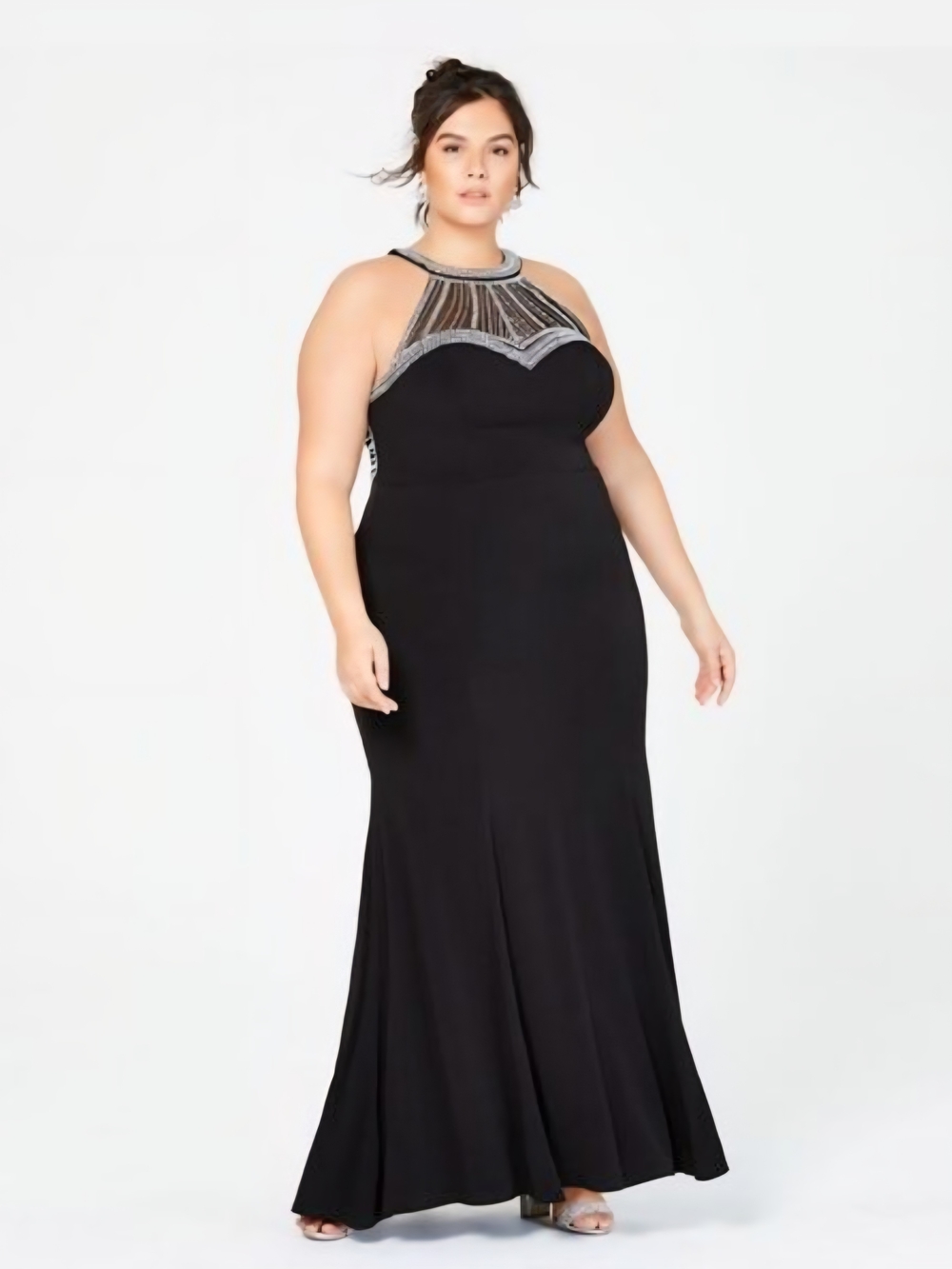 Plus Size Black Halter Maxi Dress with Embellished Yoke